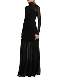 Semi-Sheer Long-Sleeve Turtleneck Maxi Dress