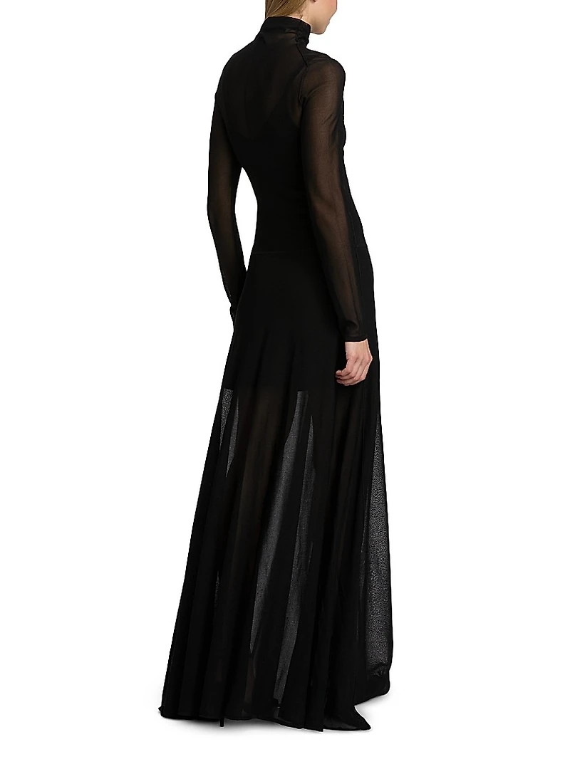 Semi-Sheer Long-Sleeve Turtleneck Maxi Dress