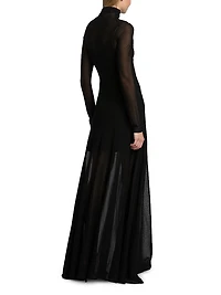 Semi-Sheer Long-Sleeve Turtleneck Maxi Dress