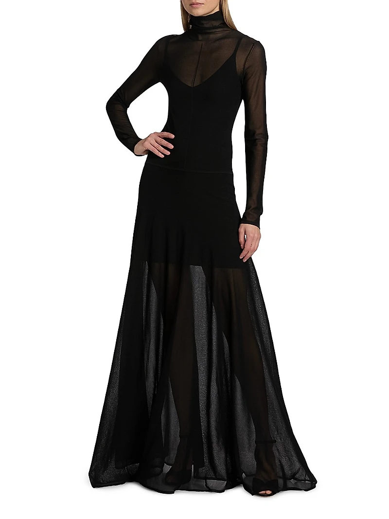 Semi-Sheer Long-Sleeve Turtleneck Maxi Dress