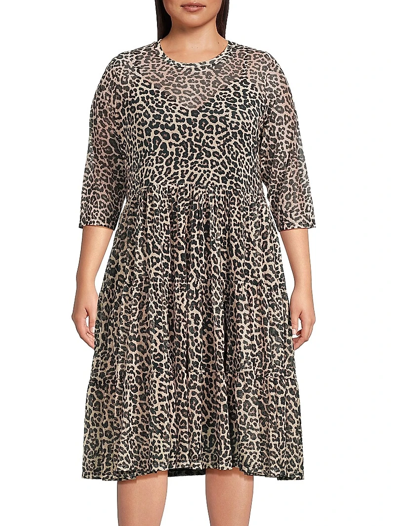 Chesnut Leopard-Print Mesh Tiered Dress