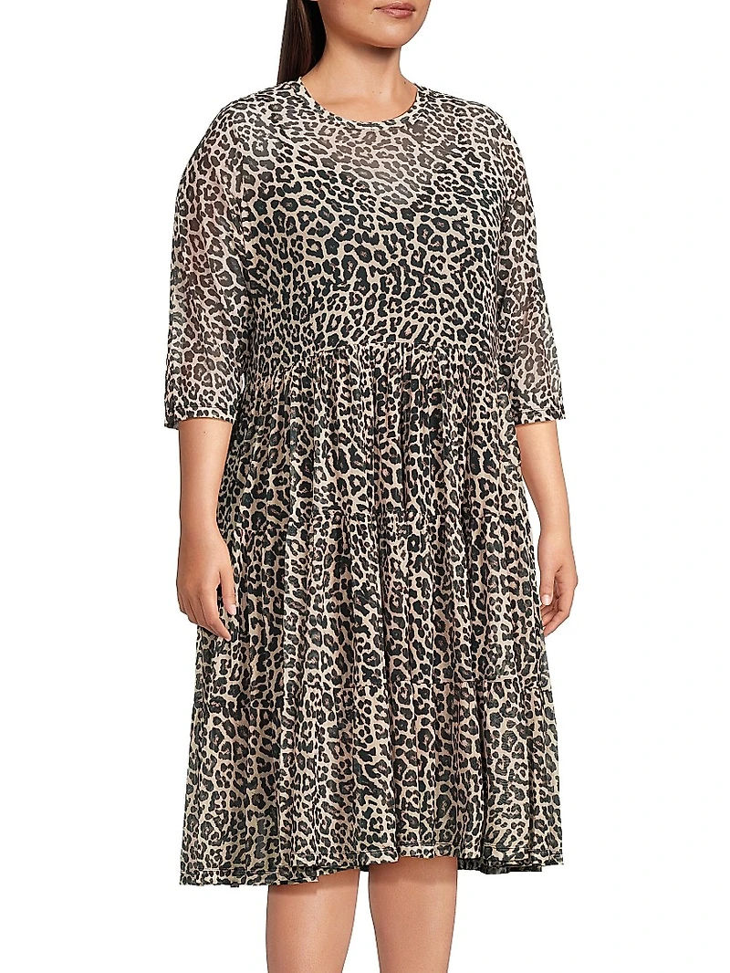 Chesnut Leopard-Print Mesh Tiered Dress