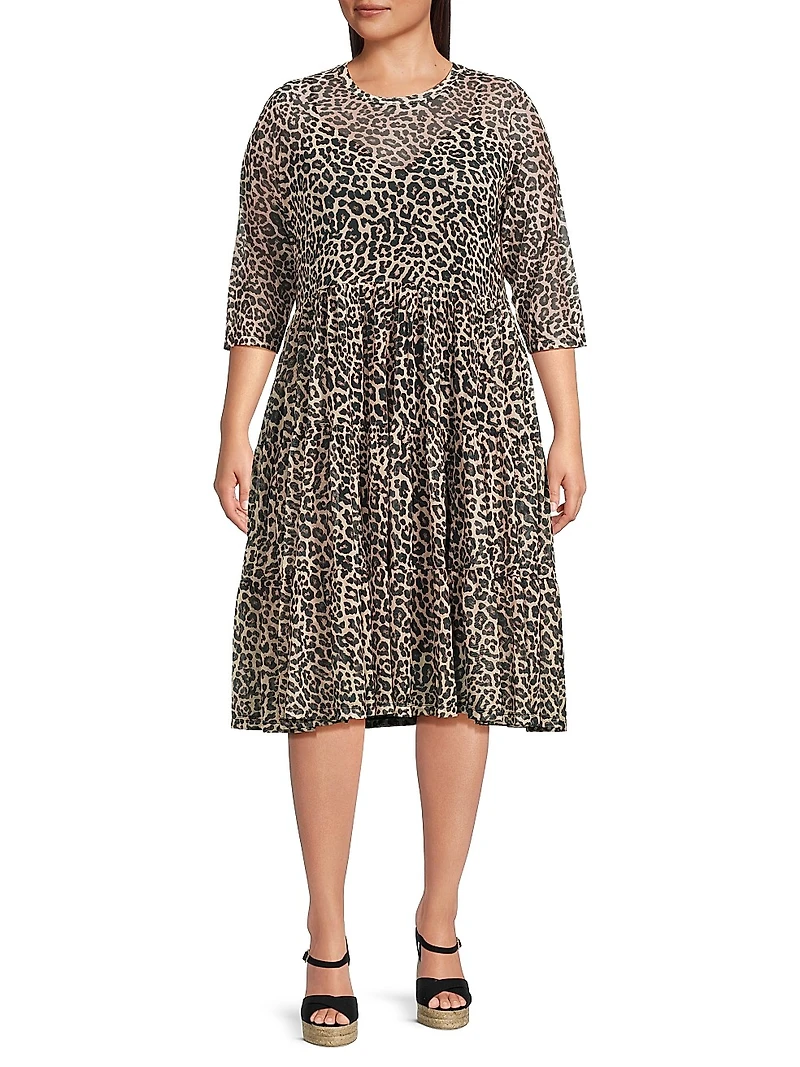Chesnut Leopard-Print Mesh Tiered Dress