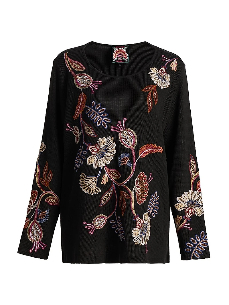 Embroidered Paisley Waffle-Knit T-Shirt