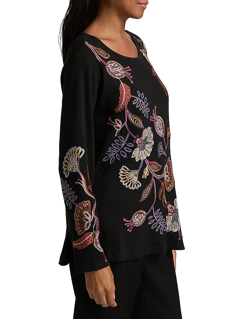 Embroidered Paisley Waffle-Knit T-Shirt