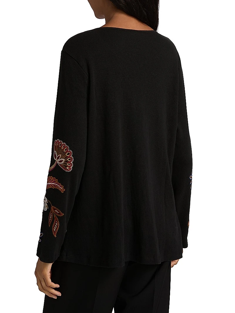 Embroidered Paisley Waffle-Knit T-Shirt