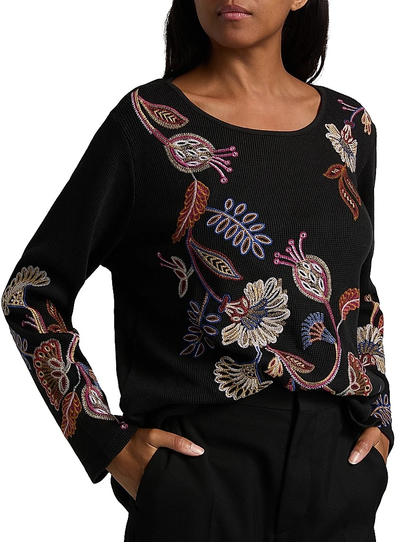 Embroidered Paisley Waffle-Knit T-Shirt