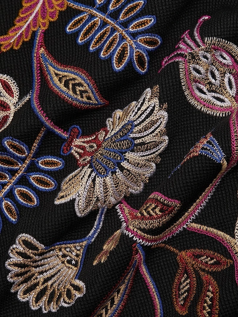 Embroidered Paisley Waffle-Knit T-Shirt