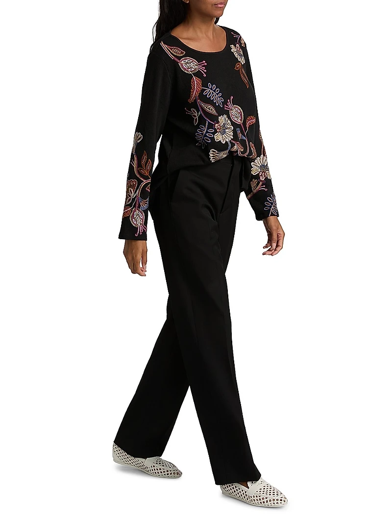 Embroidered Paisley Waffle-Knit T-Shirt