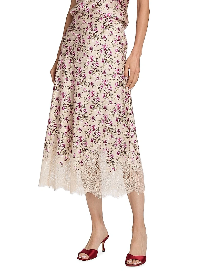 Vivienne Lace-Trimmed Floral Stretch-Silk Maxi Skirt