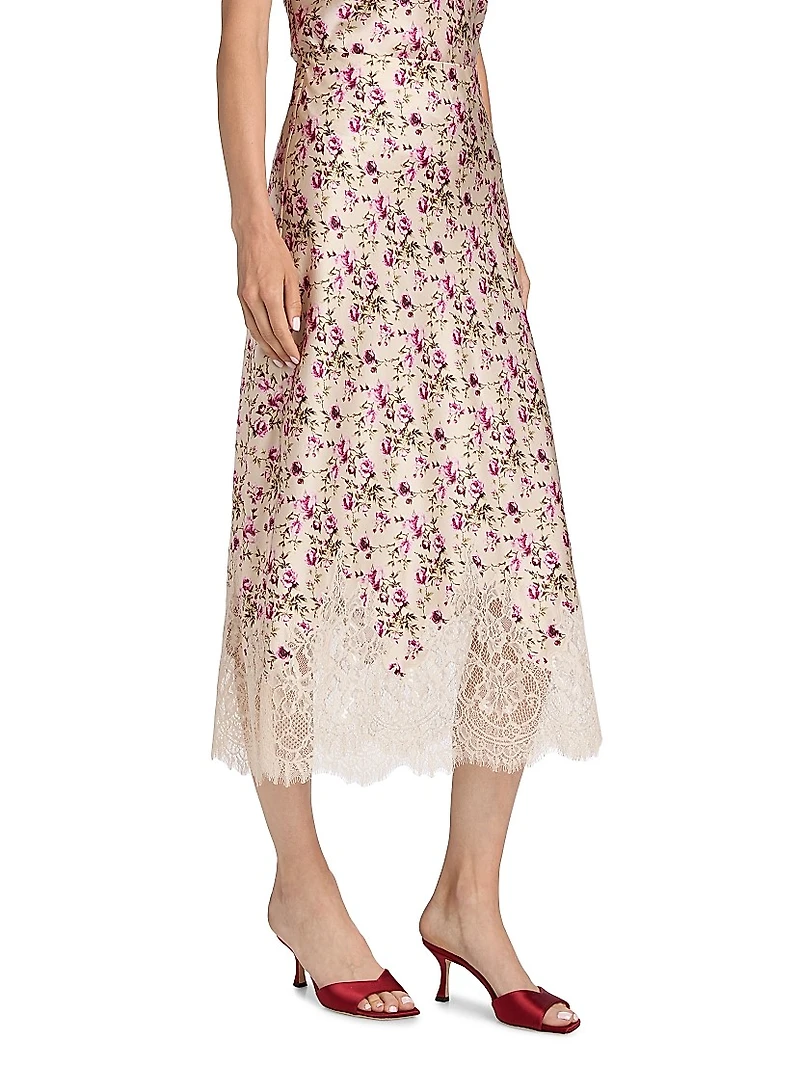 Vivienne Lace-Trimmed Floral Stretch-Silk Maxi Skirt