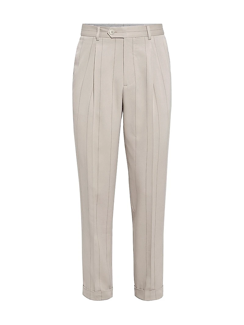 Silk Wide Chalk Stripe Twill Leisure Fit Trousers with Pleat