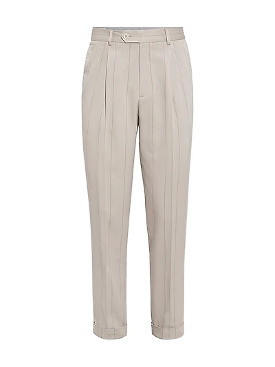 Silk Wide Chalk Stripe Twill Leisure Fit Trousers with Pleat