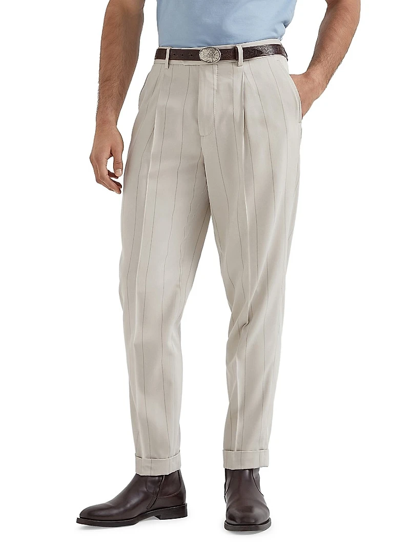 Silk Wide Chalk Stripe Twill Leisure Fit Trousers with Pleat