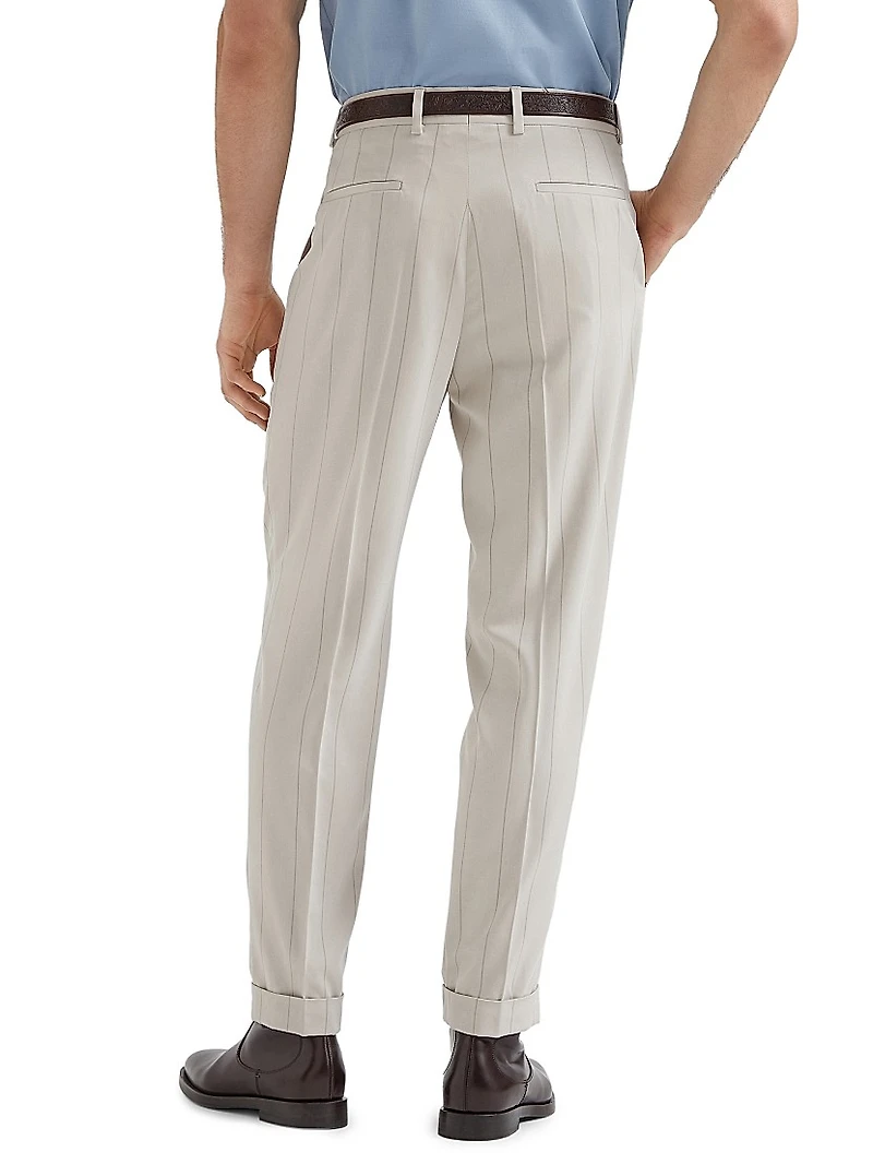 Silk Wide Chalk Stripe Twill Leisure Fit Trousers with Pleat