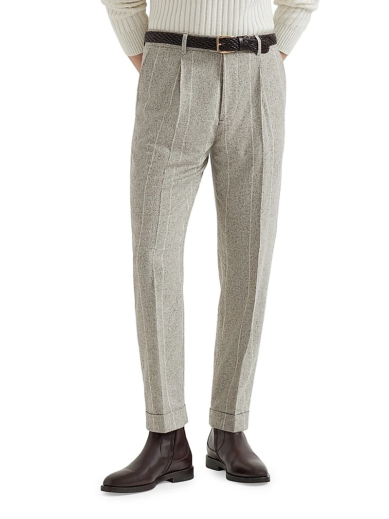 Silk Blend Flecked Chalk Stripe Leisure Fit Trousers with Pleat