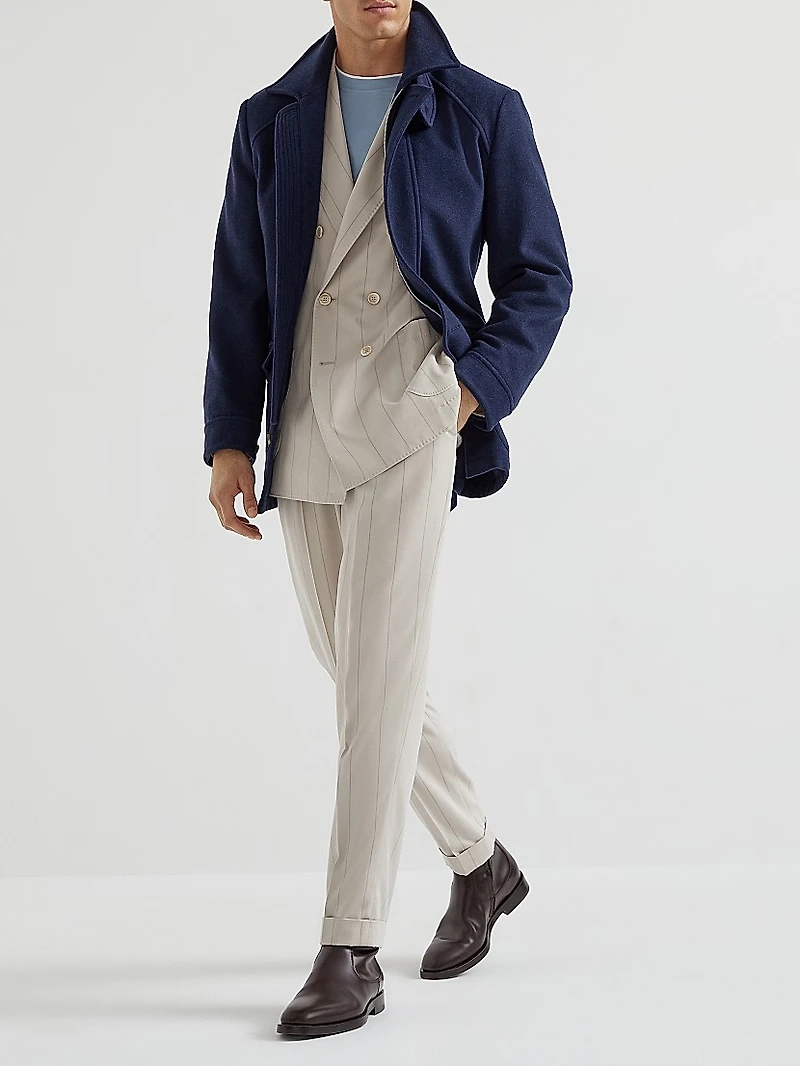 Silk Wide Chalk Stripe Twill One and a Half Breasted Deconstructed Blazer