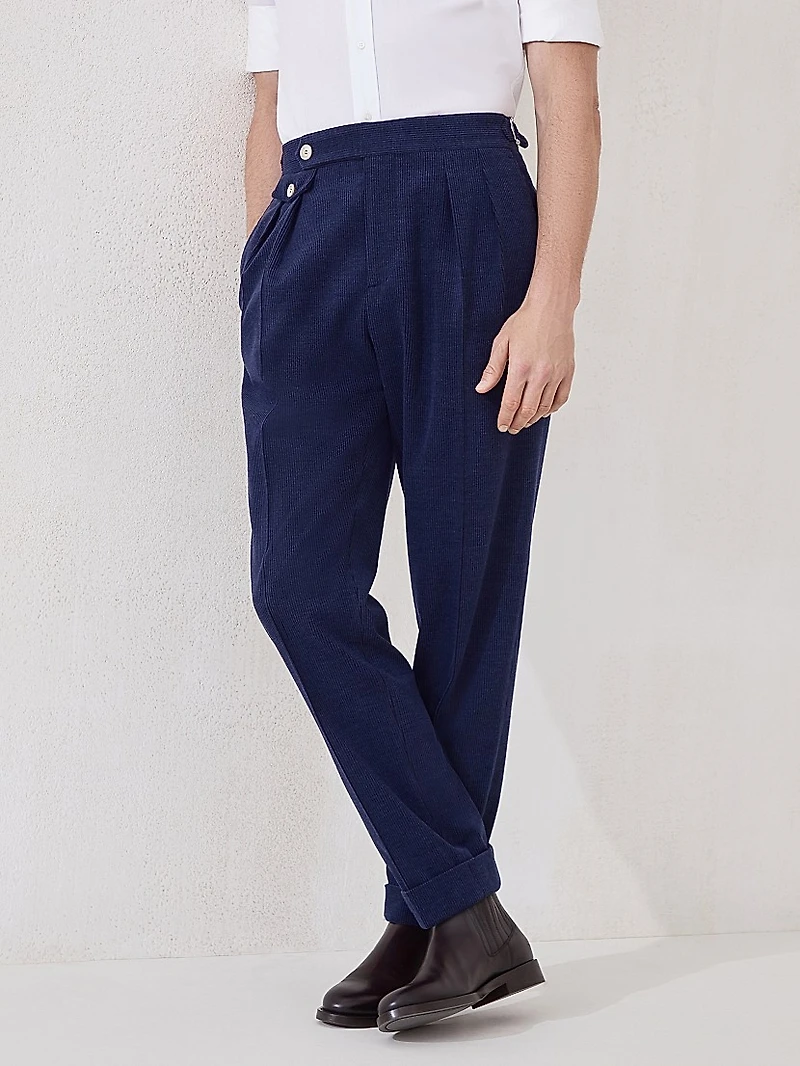 Wool Blend Corduroy Tailor Fit Trousers with Double Pleats