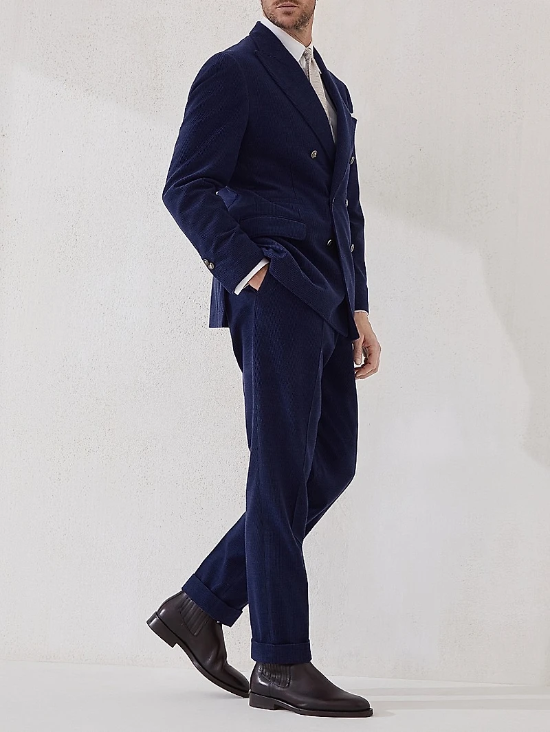 Wool Blend Corduroy Tailor Fit Trousers with Double Pleats