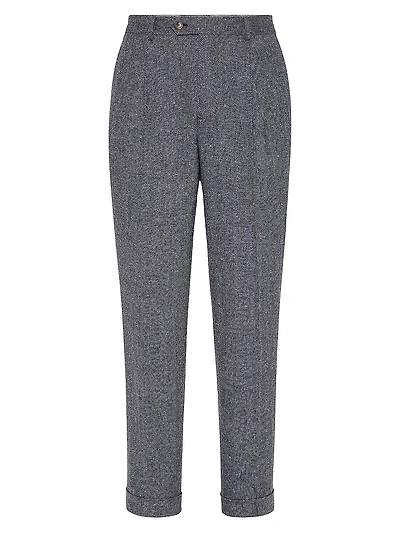 Wool and Cashmere Flecked Chevron Leisure Fit Trousers with Pleat