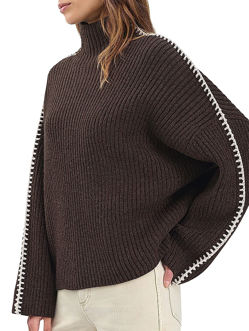 Ingrid Wool Leather-Trim Turtleneck Sweater