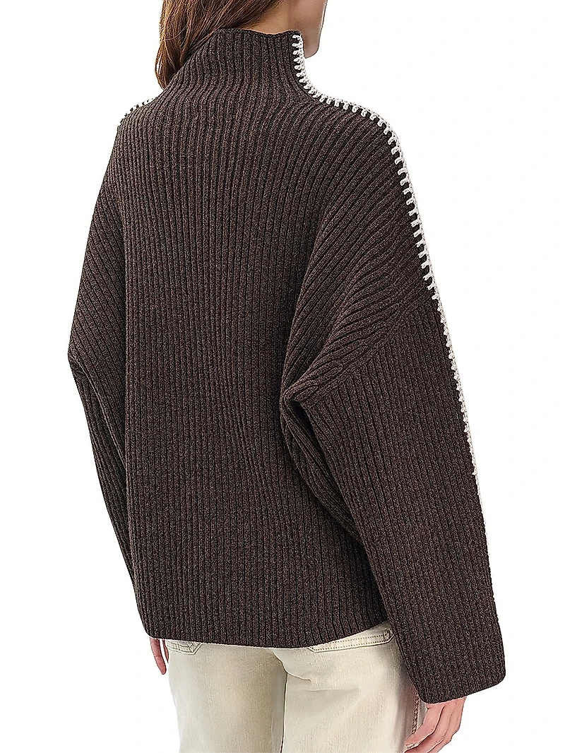 Ingrid Wool Leather-Trim Turtleneck Sweater