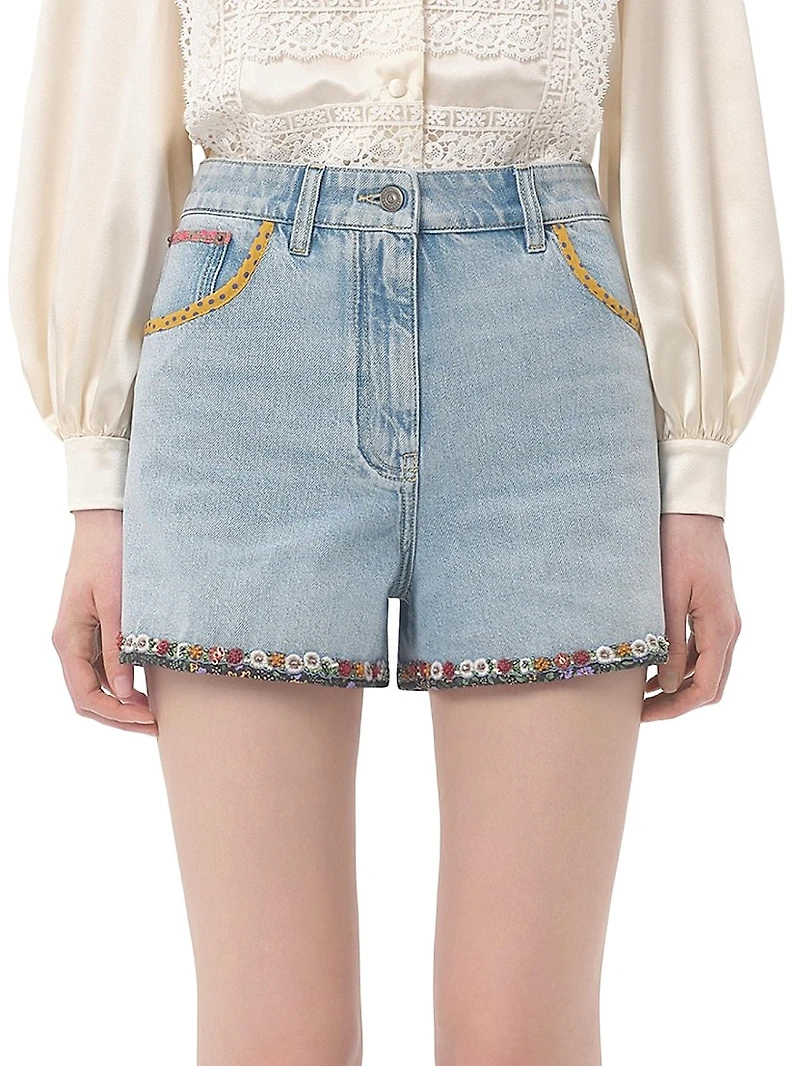Embroidered Denim Shorts