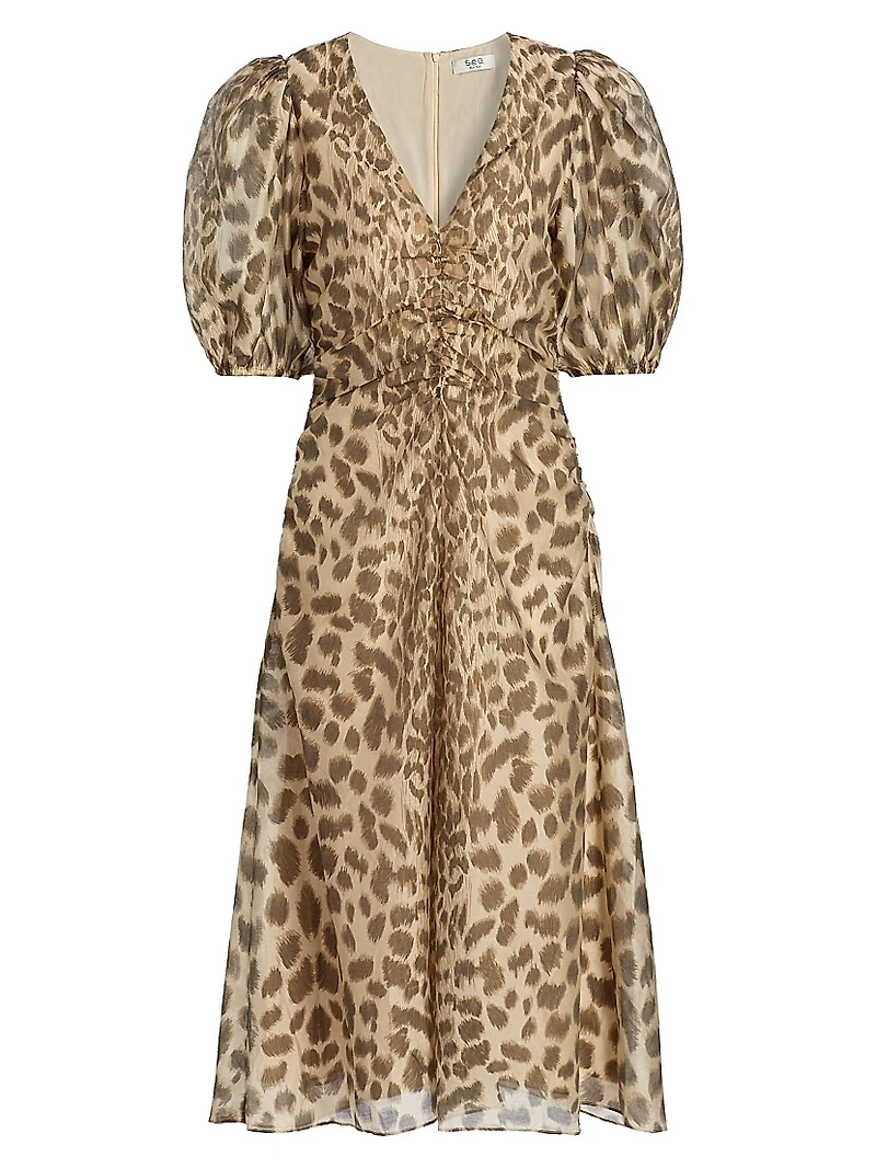 Claude Leopard-Print Puff-Sleeve Midi-Dress