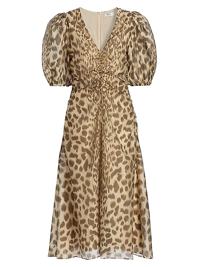 Claude Leopard-Print Puff-Sleeve Midi-Dress