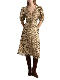 Claude Leopard-Print Puff-Sleeve Midi-Dress