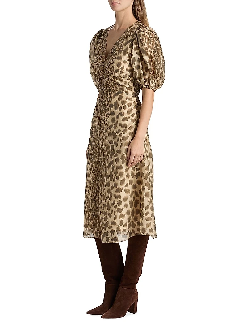 Claude Leopard-Print Puff-Sleeve Midi-Dress
