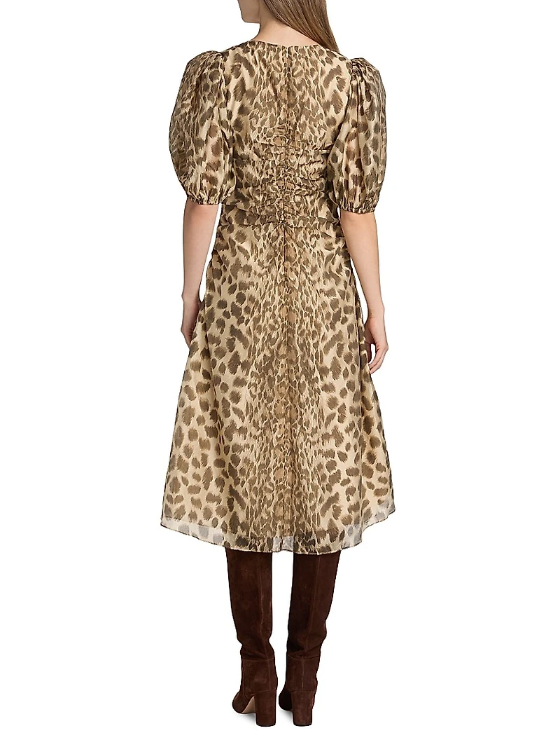 Claude Leopard-Print Puff-Sleeve Midi-Dress