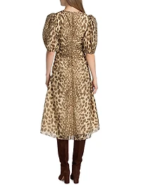 Claude Leopard-Print Puff-Sleeve Midi-Dress