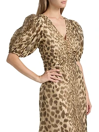Claude Leopard-Print Puff-Sleeve Midi-Dress