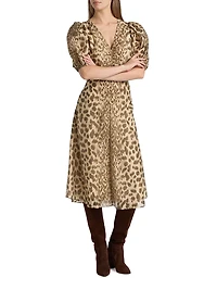 Claude Leopard-Print Puff-Sleeve Midi-Dress