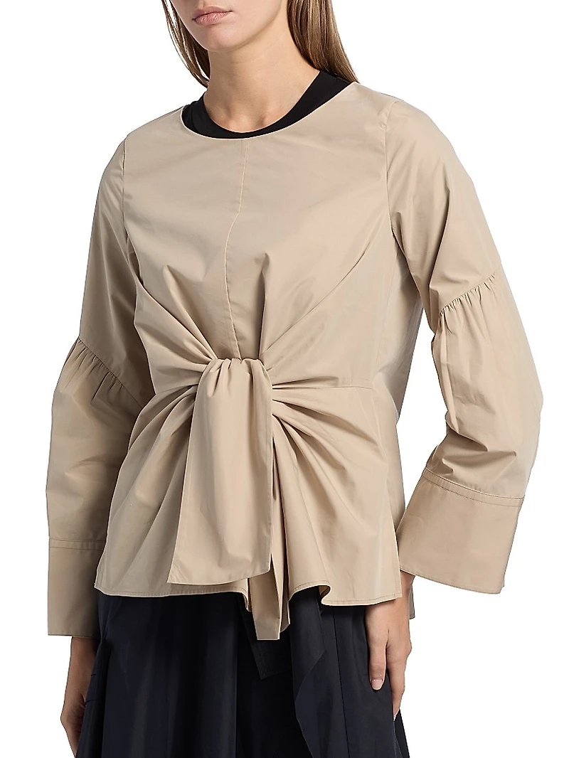 Tie-Front Cotton-Blend Long-Sleeve Shirt