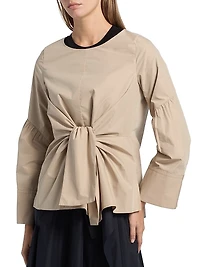 Tie-Front Cotton-Blend Long-Sleeve Shirt