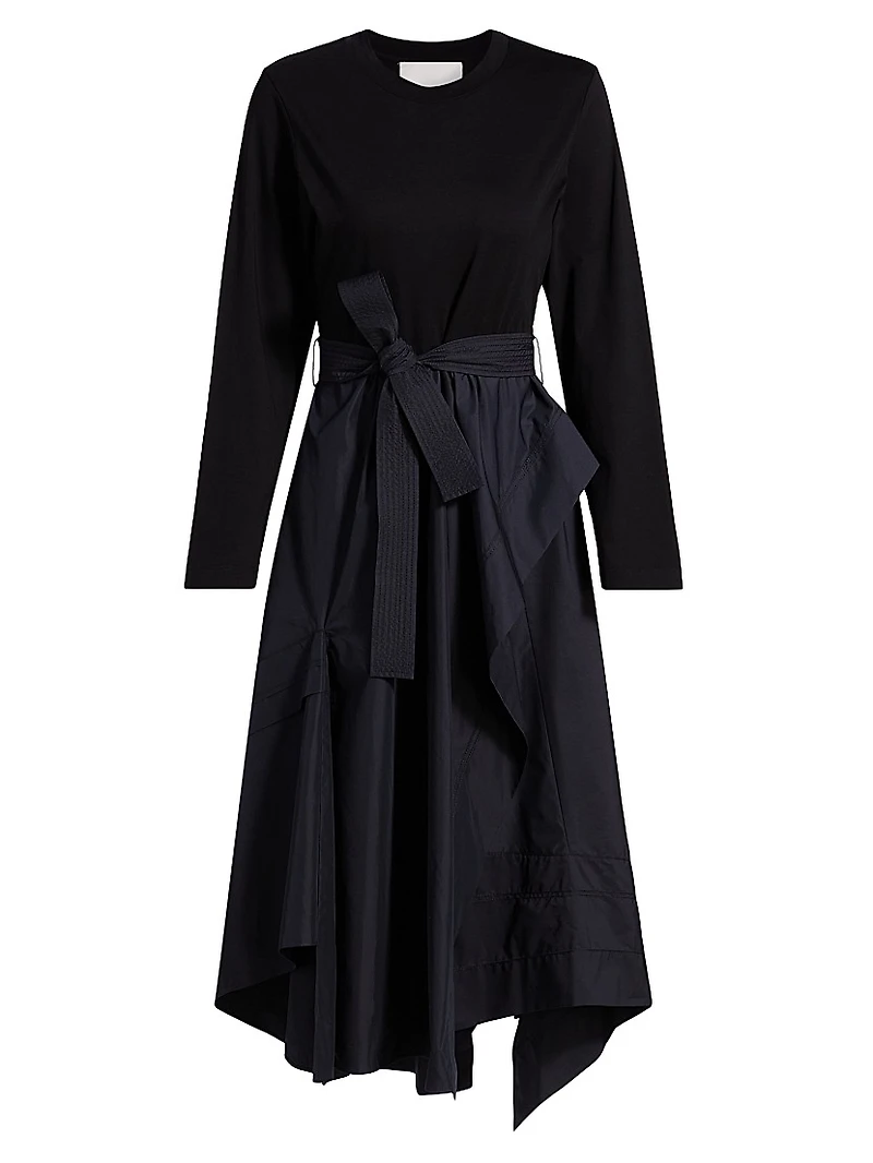 Round Neck Mixed Media Long-Sleeve Midi-Dress