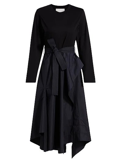 Round Neck Mixed Media Long-Sleeve Midi-Dress