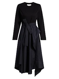 Round Neck Mixed Media Long-Sleeve Midi-Dress