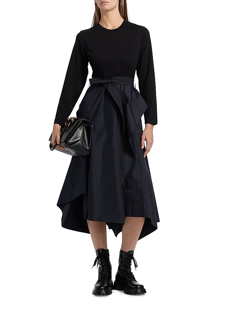 Round Neck Mixed Media Long-Sleeve Midi-Dress
