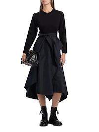 Round Neck Mixed Media Long-Sleeve Midi-Dress