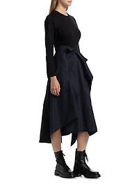 Round Neck Mixed Media Long-Sleeve Midi-Dress