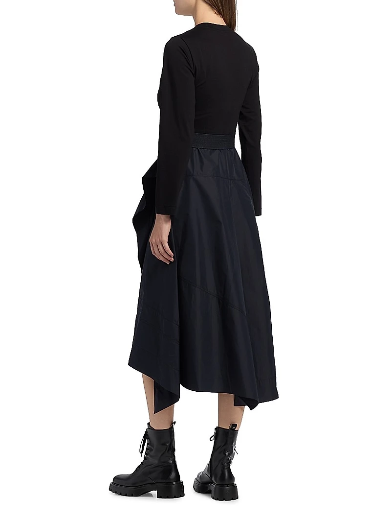 Round Neck Mixed Media Long-Sleeve Midi-Dress