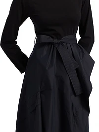 Round Neck Mixed Media Long-Sleeve Midi-Dress