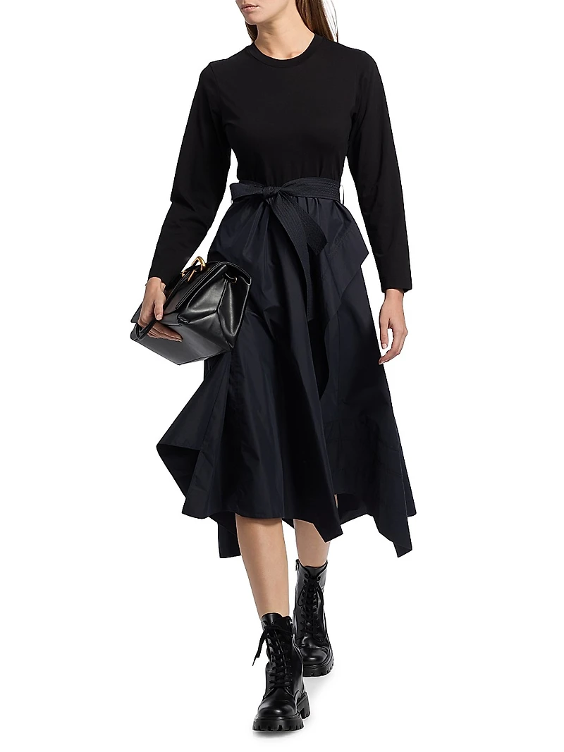 Round Neck Mixed Media Long-Sleeve Midi-Dress