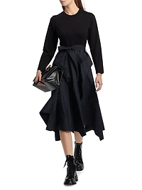 Round Neck Mixed Media Long-Sleeve Midi-Dress