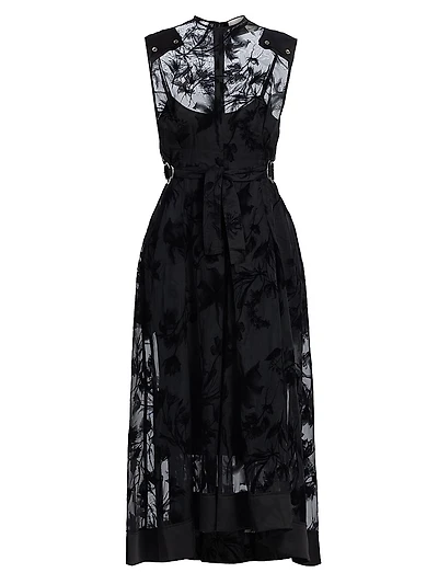 Floral Flocked Organza Sleeveless Midi-Dress