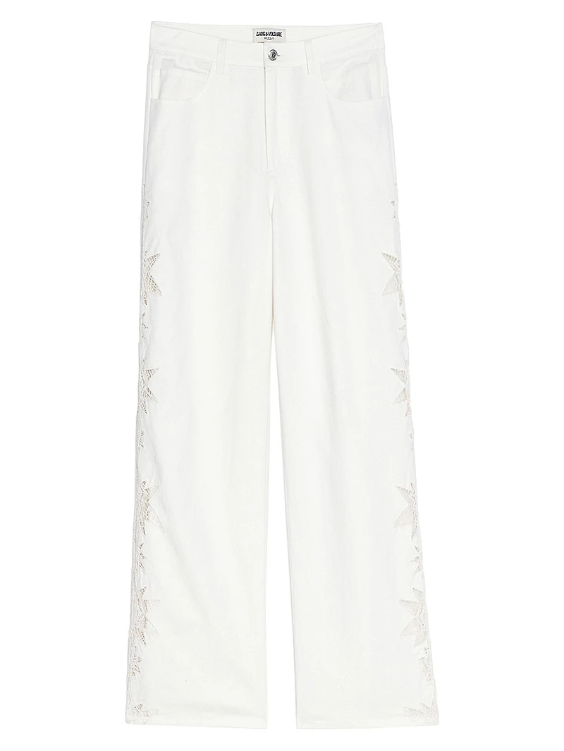 Elfy Cotton-Linen Embroidered Wide-Leg Pants