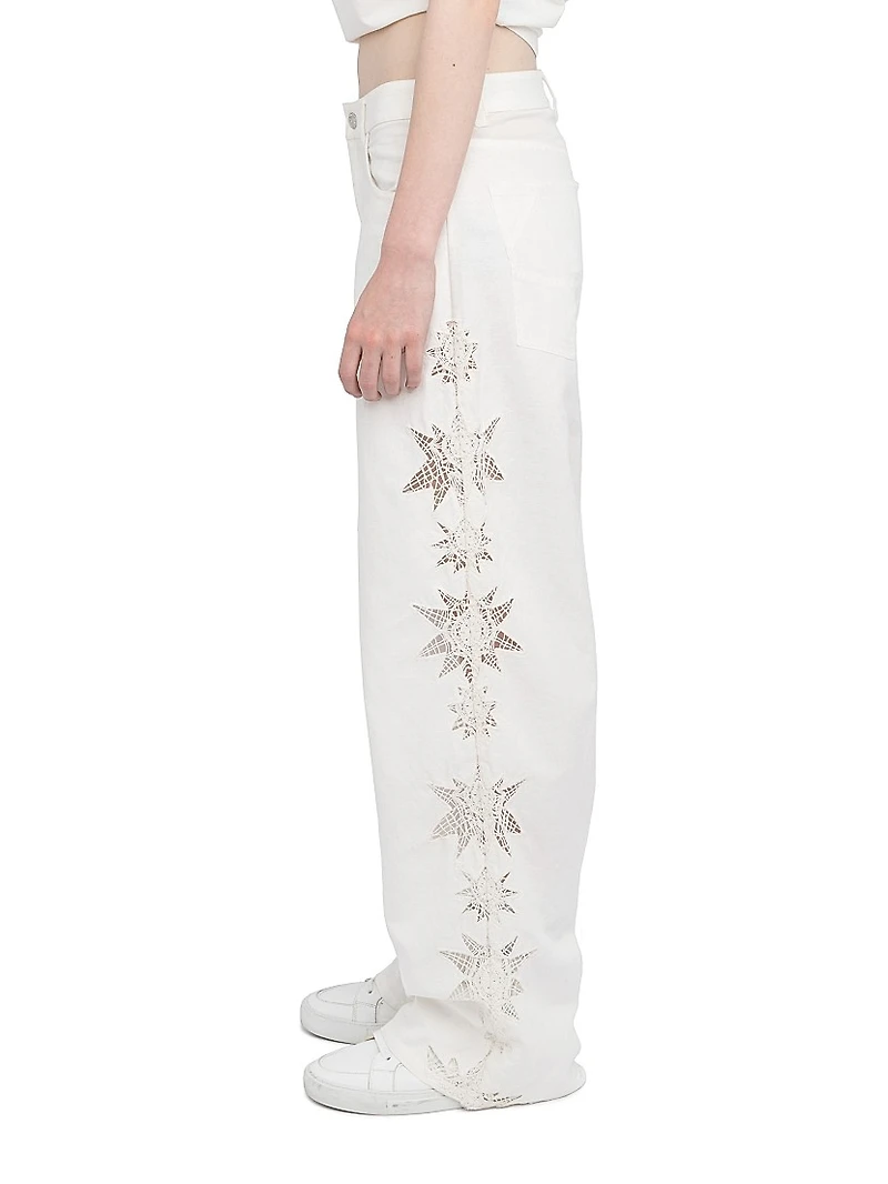 Elfy Cotton-Linen Embroidered Wide-Leg Pants